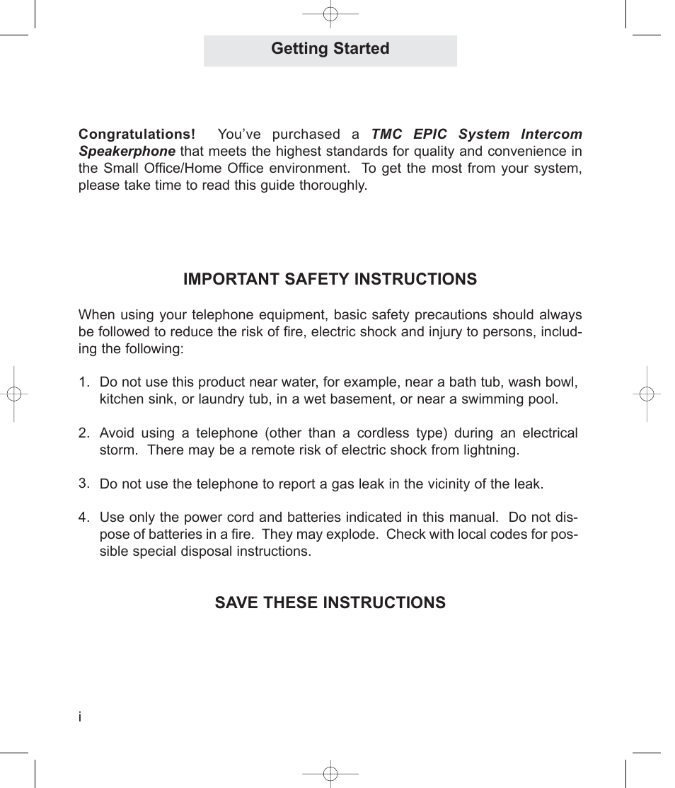 Getting started, Important safety instructions, Save these instructions | TMC ET4000 User Manual | Page 2 / 92