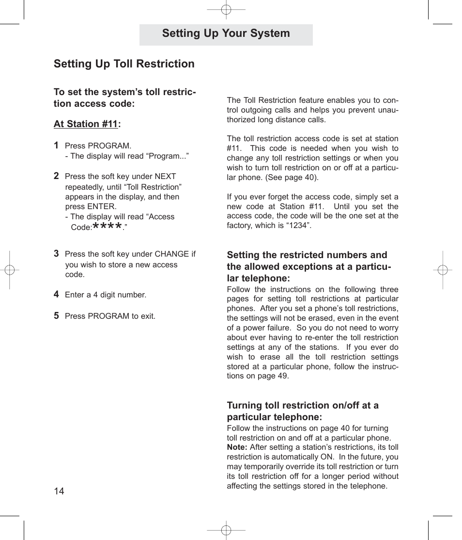 Setting up your system, Setting up toll restriction | TMC ET4000 User Manual | Page 24 / 92