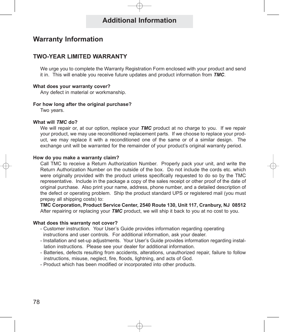Additional information, Warranty information | TMC ET4000 User Manual | Page 88 / 92