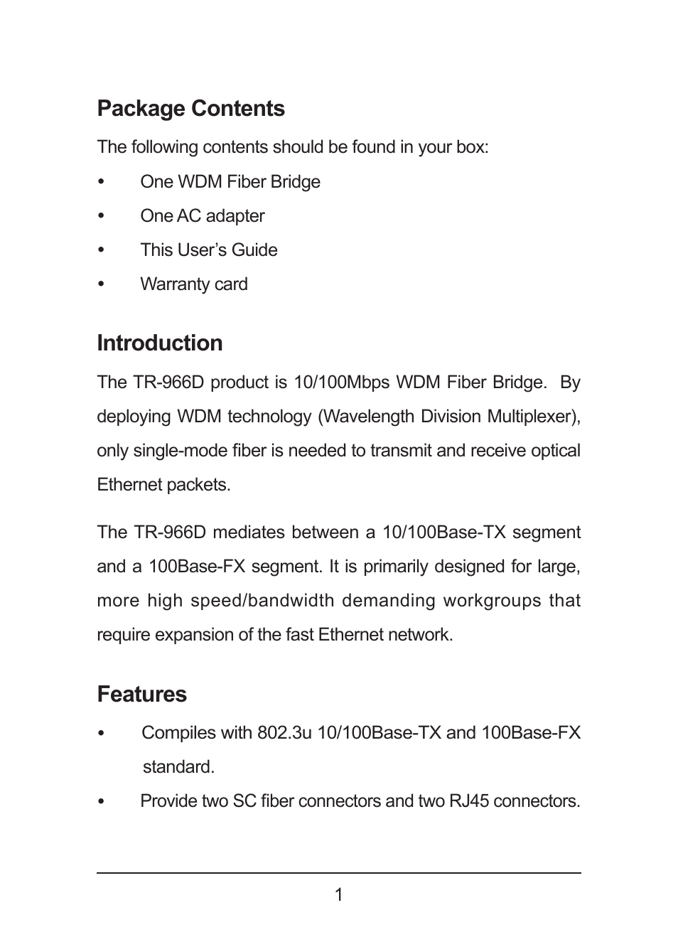 Package contents, Introduction, Features | TP-Link TR-966D User Manual | Page 3 / 6