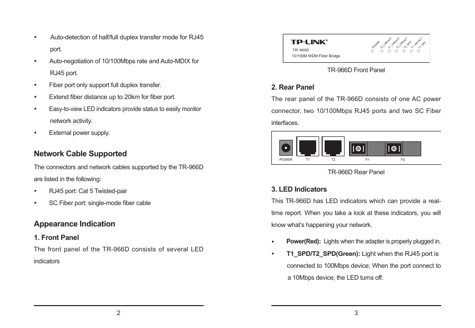Network cable supported, Appearance indication, Front panel | Rear panel, Led indicators | TP-Link TR-966D User Manual | Page 4 / 6