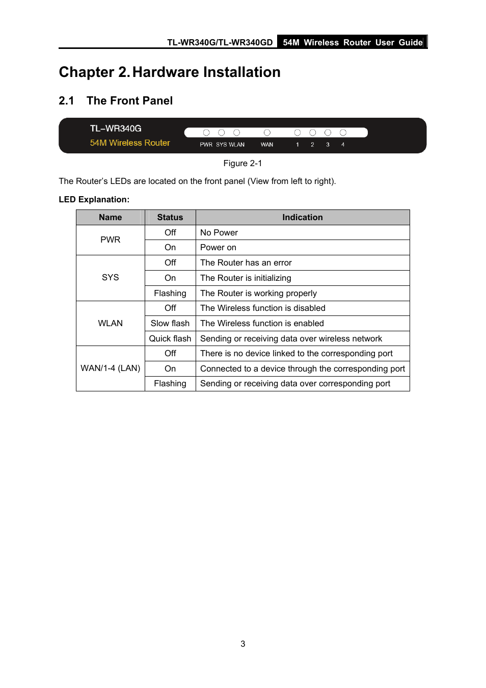 Chapter 2. hardware installation, 1 the front panel, Chapter 2 | Hardware installation, The front panel | TP-Link TL-WR340G User Manual | Page 11 / 72