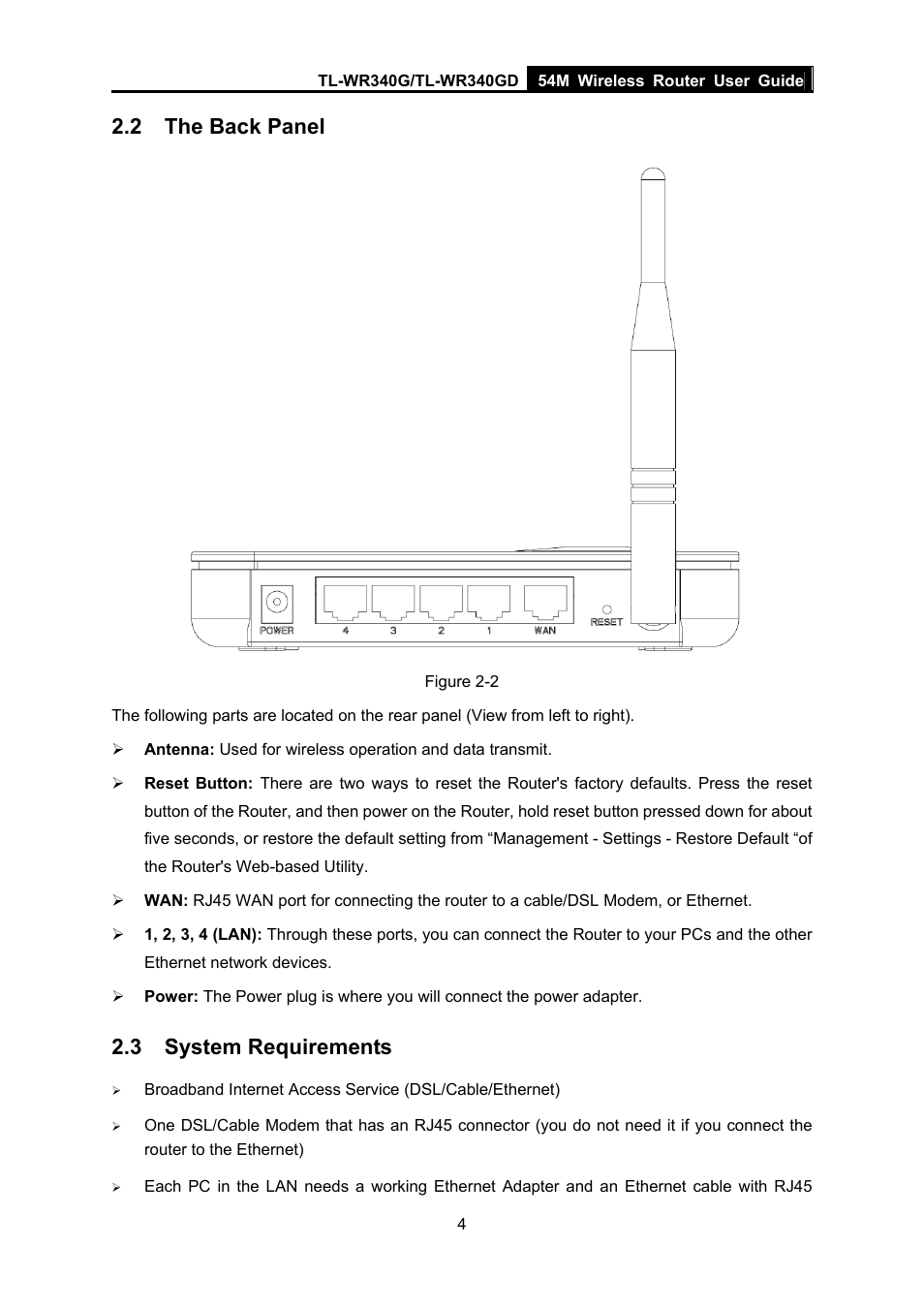 2 the back panel, 3 system requirements, The back panel | System requirements | TP-Link TL-WR340G User Manual | Page 12 / 72