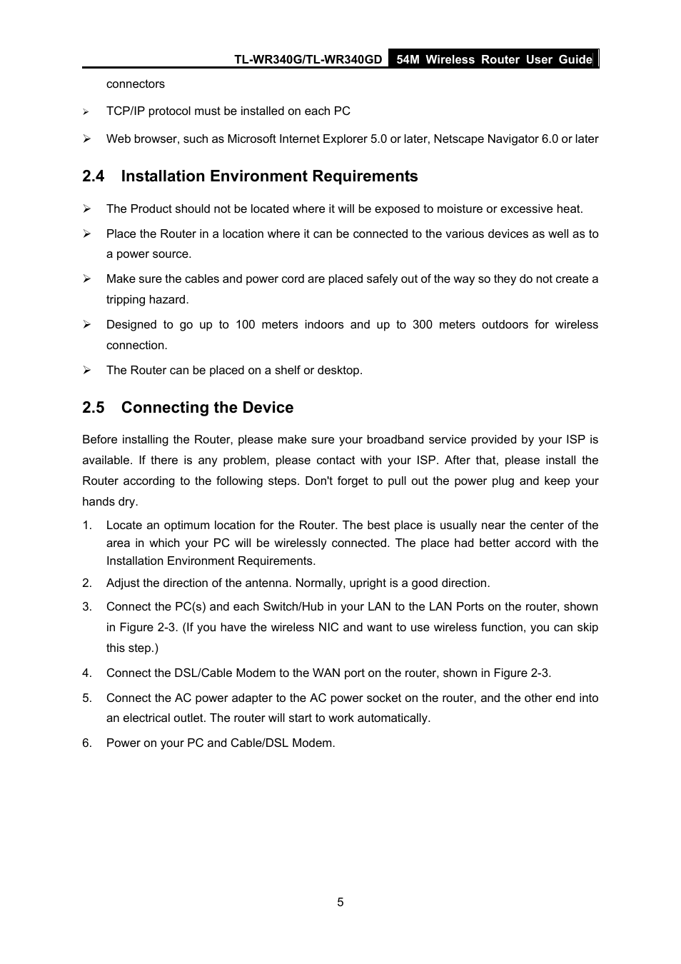 4 installation environment requirements, 5 connecting the device, Installation environment requirements | Connecting the device | TP-Link TL-WR340G User Manual | Page 13 / 72