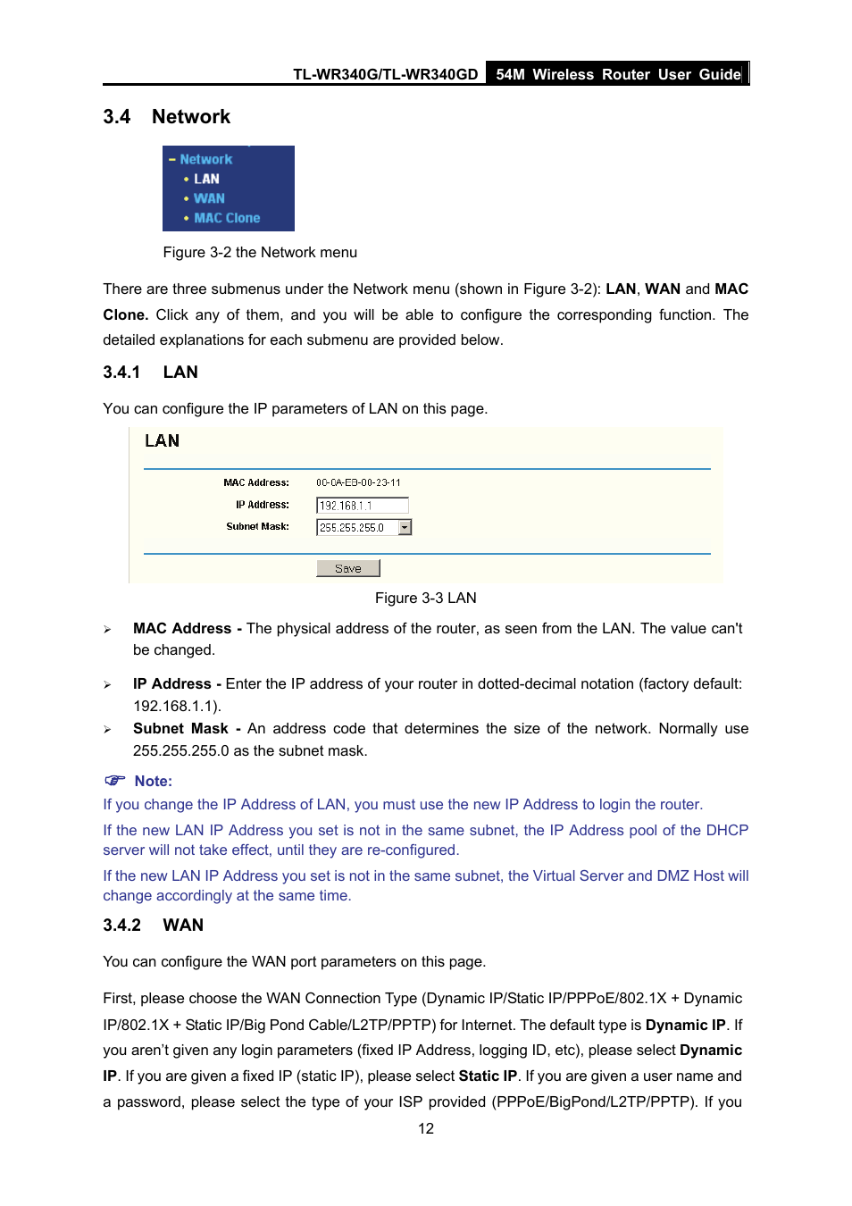 4 network, 1 lan, 2 wan | Network | TP-Link TL-WR340G User Manual | Page 20 / 72