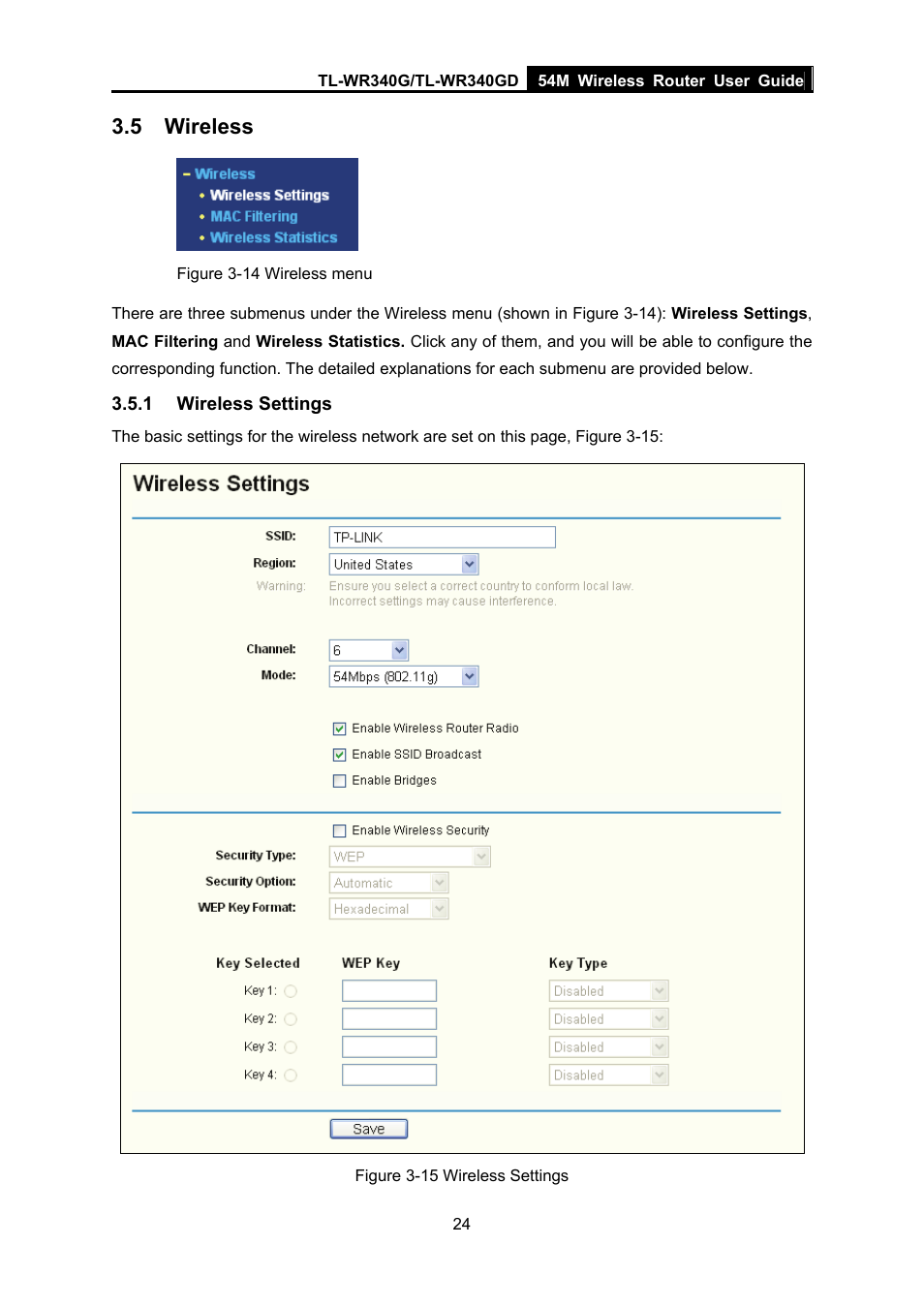 5 wireless, 1 wireless settings, Wireless | Wireless settings | TP-Link TL-WR340G User Manual | Page 32 / 72