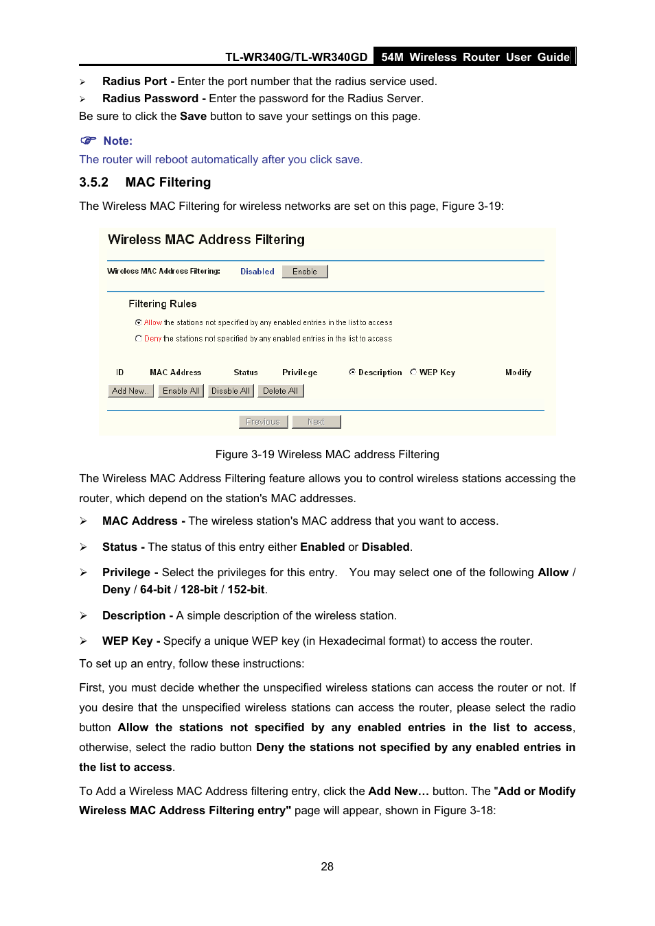 2 mac filtering, Mac filtering | TP-Link TL-WR340G User Manual | Page 36 / 72