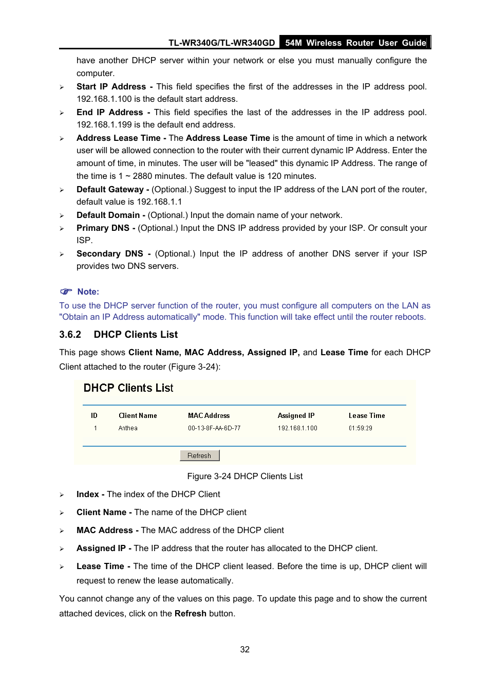 2 dhcp clients list, Dhcp clients list | TP-Link TL-WR340G User Manual | Page 40 / 72