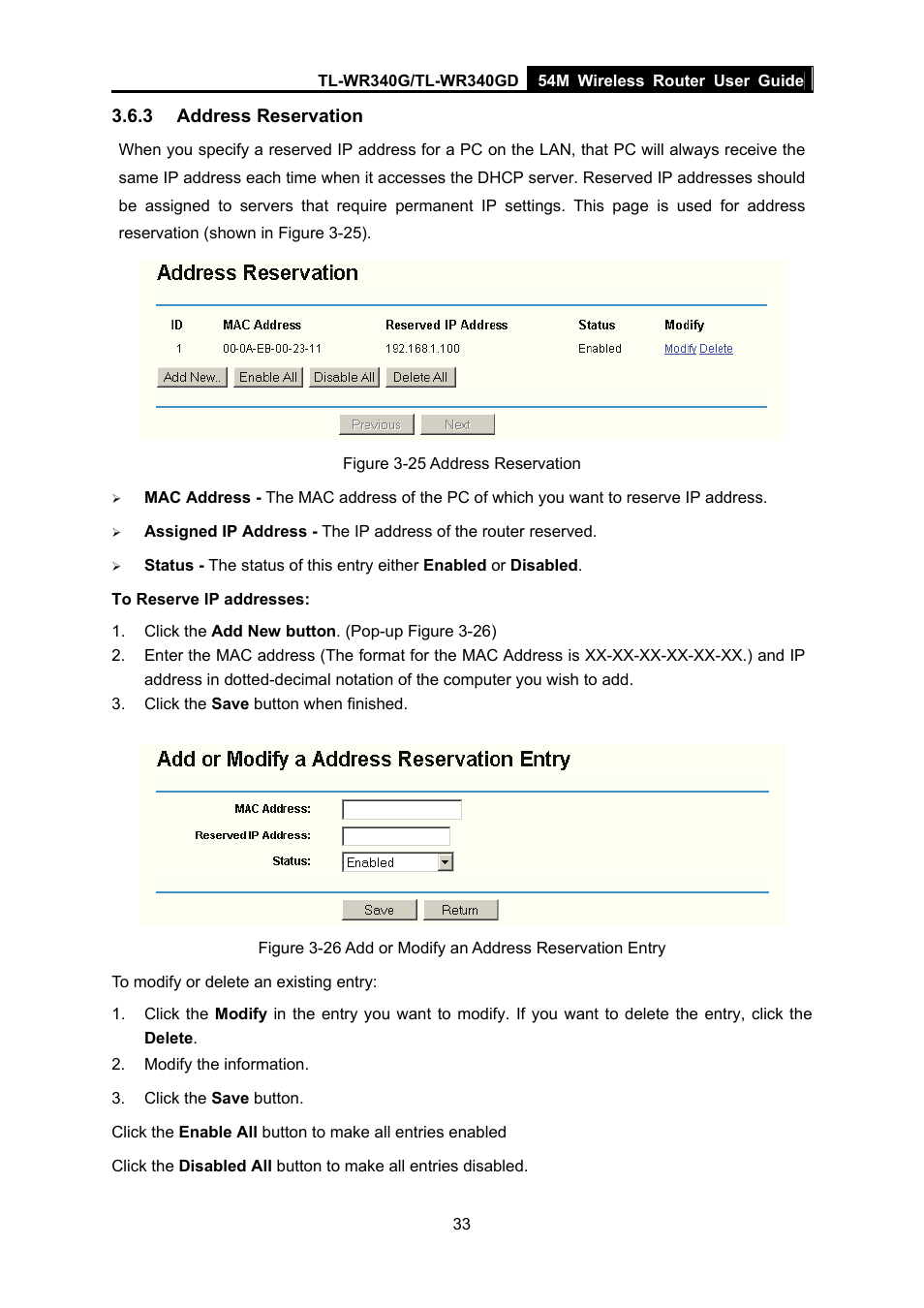 3 address reservation, Address reservation | TP-Link TL-WR340G User Manual | Page 41 / 72