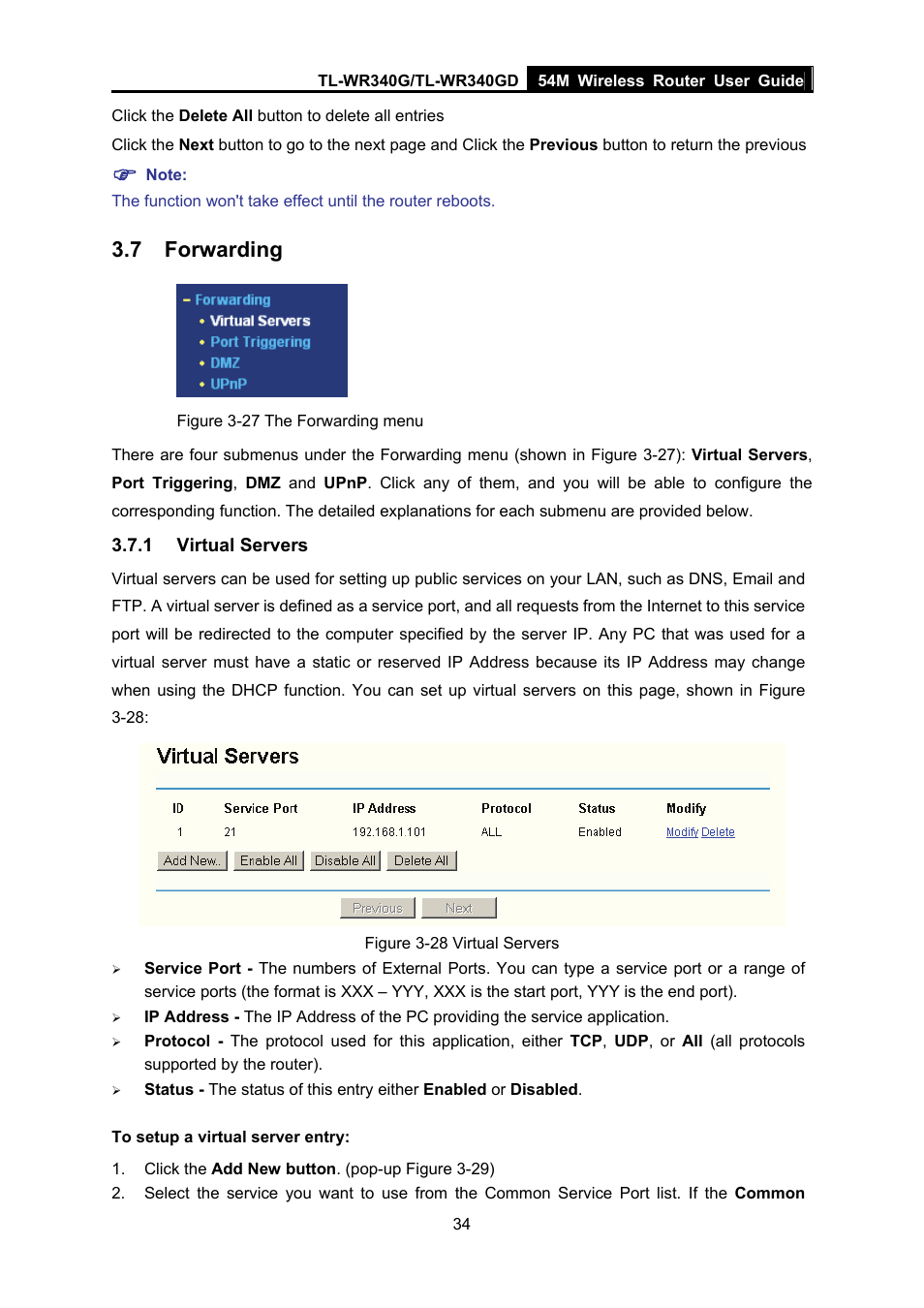7 forwarding, 1 virtual servers, Forwarding | Virtual servers | TP-Link TL-WR340G User Manual | Page 42 / 72