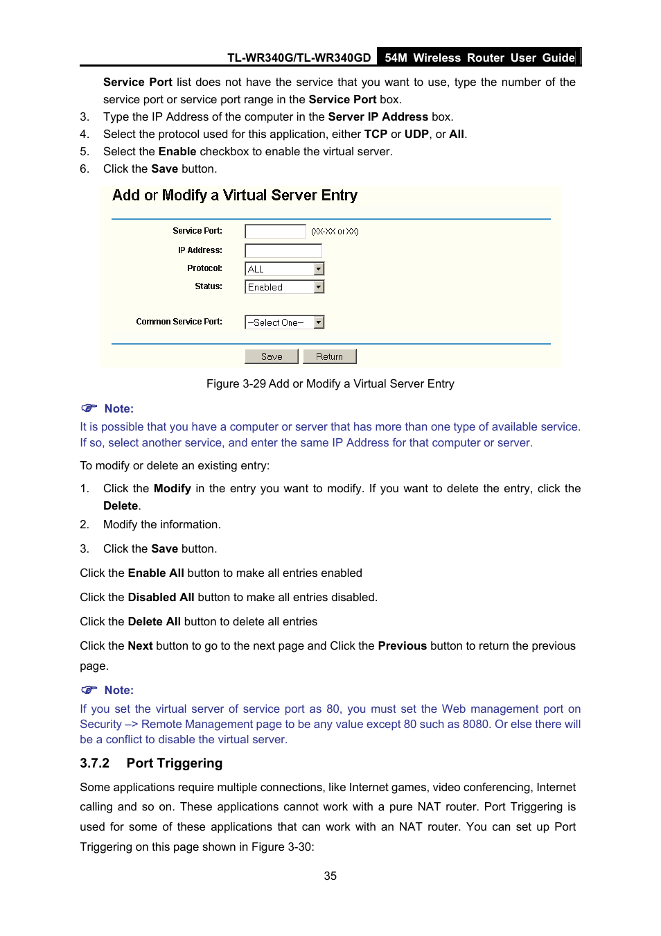 2 port triggering, Port triggering, Pop-up figure 3-29) | TP-Link TL-WR340G User Manual | Page 43 / 72