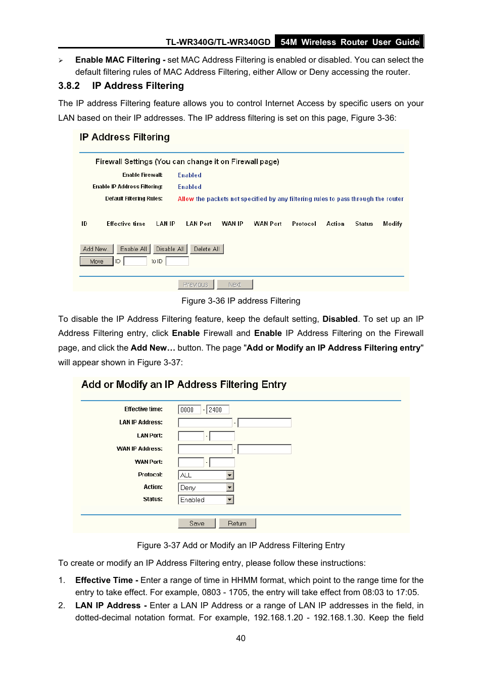 2 ip address filtering, Ip address filtering | TP-Link TL-WR340G User Manual | Page 48 / 72