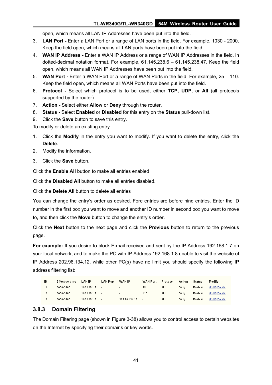 3 domain filtering, Domain filtering | TP-Link TL-WR340G User Manual | Page 49 / 72