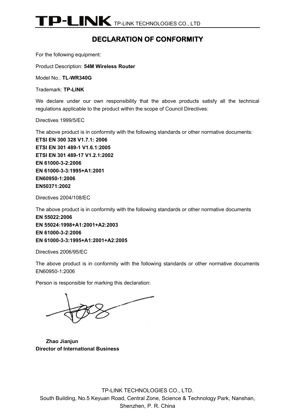 Declaration of conformity | TP-Link TL-WR340G User Manual | Page 5 / 72