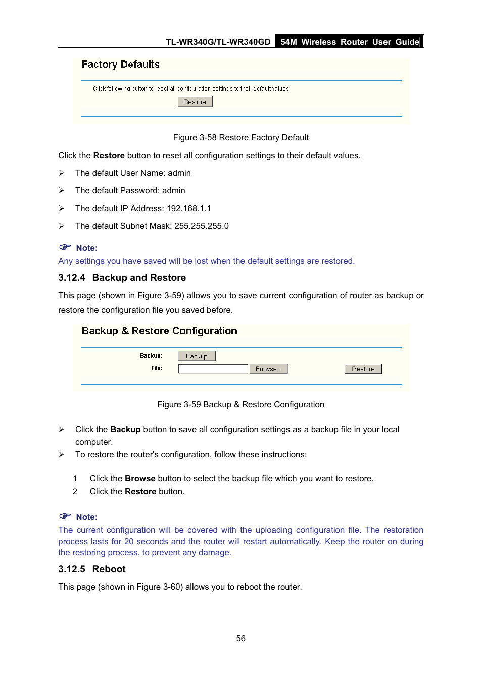 4 backup and restore, 5 reboot, Backup and restore | Reboot | TP-Link TL-WR340G User Manual | Page 64 / 72