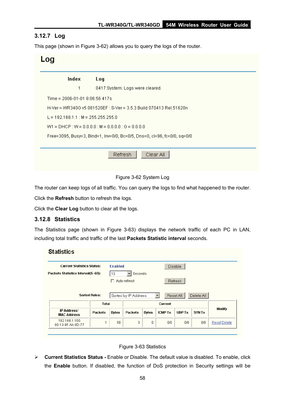 7 log, 8 statistics, Statistics | TP-Link TL-WR340G User Manual | Page 66 / 72