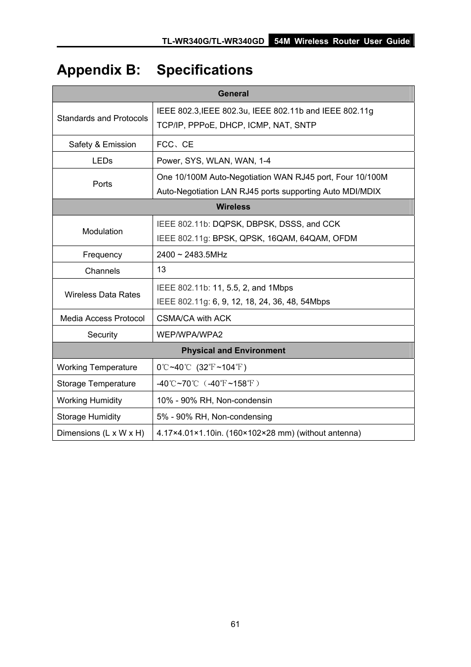 Appendix b: specifications, Appendix b, Specifications | TP-Link TL-WR340G User Manual | Page 69 / 72