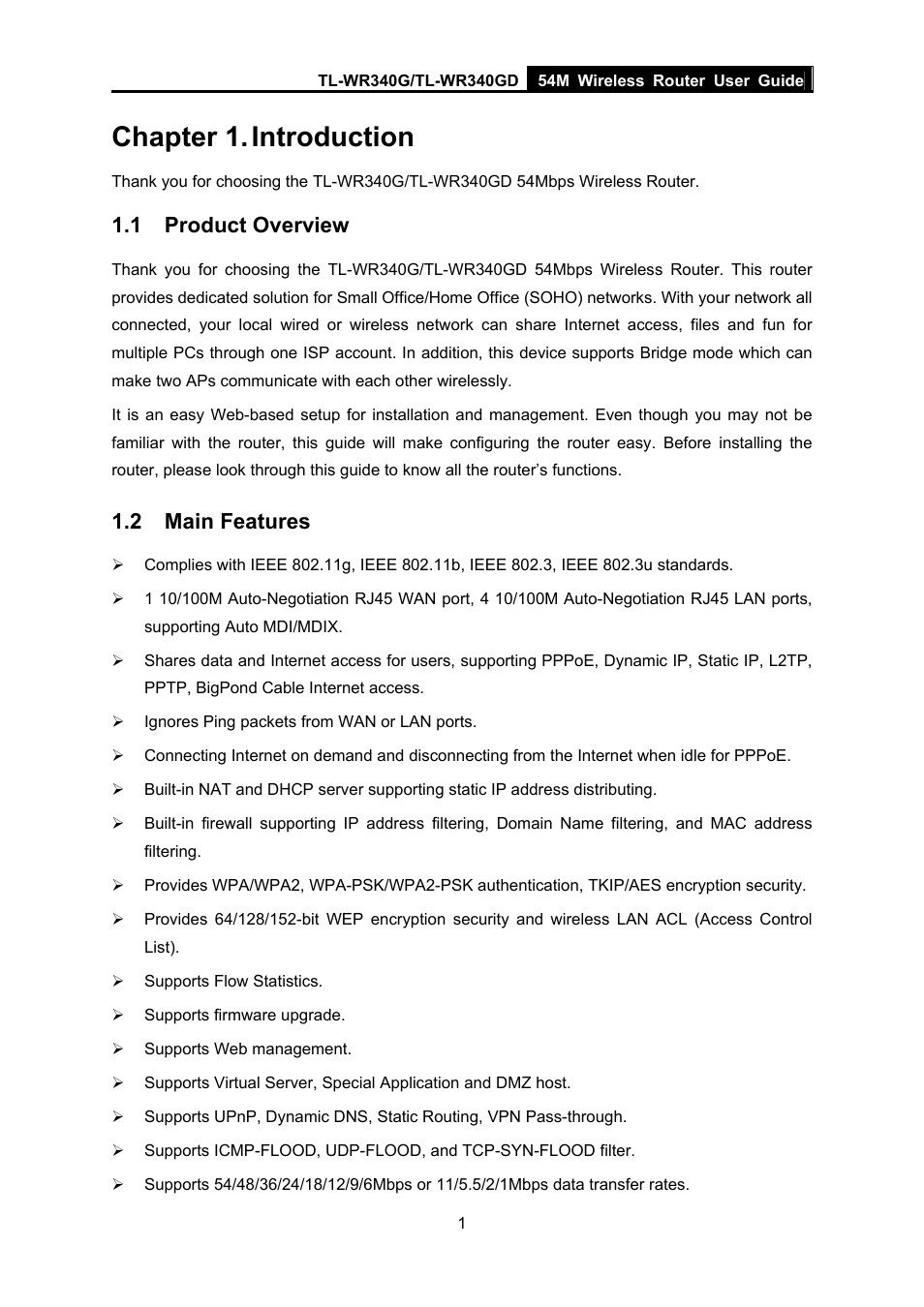 Chapter 1. introduction, 1 product overview, 2 main features | Chapter 1, Introduction, Product overview, Main features | TP-Link TL-WR340G User Manual | Page 9 / 72