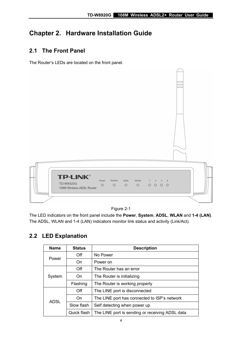 Chapter 2. hardware installation guide, Chapter 2, Hardware installation guide | The front panel, Led explanation, 1 the front panel, 2 led explanation | TP-Link TD-W8920G User Manual | Page 11 / 85