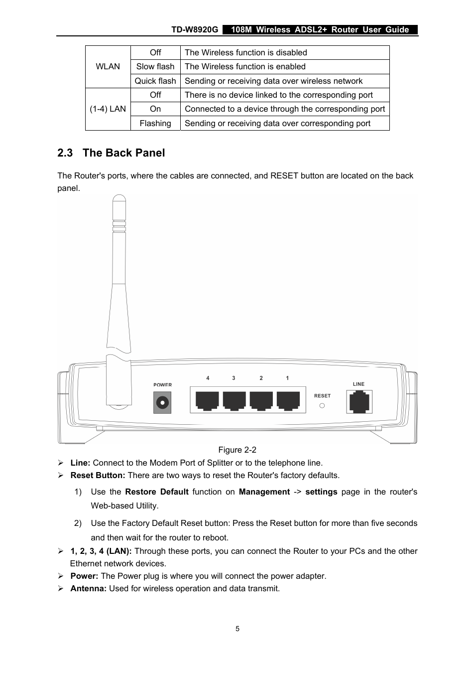 The back panel, 3 the back panel | TP-Link TD-W8920G User Manual | Page 12 / 85