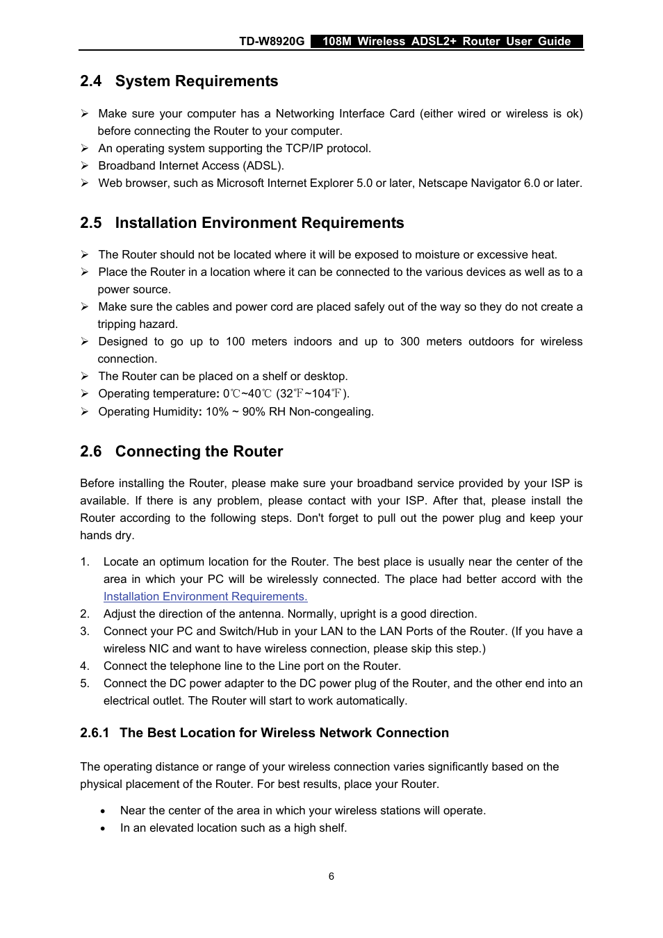 System requirements, Installation environment requirements, Connecting the router | The best location for wireless network connection, 4 system requirements, 5 installation environment requirements, 6 connecting the router | TP-Link TD-W8920G User Manual | Page 13 / 85