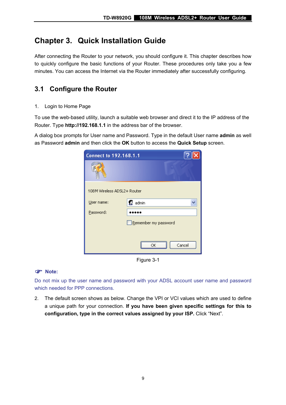 Chapter 3. quick installation guide, 1 configure the router, Chapter 3 | Quick installation guide, Configure the router | TP-Link TD-W8920G User Manual | Page 16 / 85