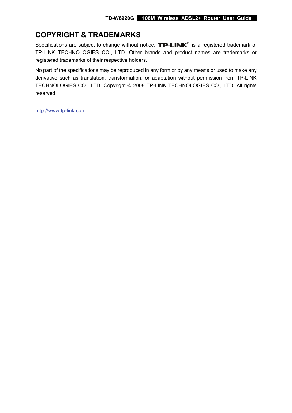 Copyright & trademarks | TP-Link TD-W8920G User Manual | Page 2 / 85