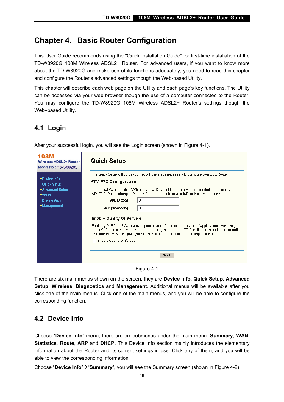 Chapter 4. basic router configuration, 1 login, 2 device info | Chapter 4, Basic router configuration, Login, Device info | TP-Link TD-W8920G User Manual | Page 25 / 85
