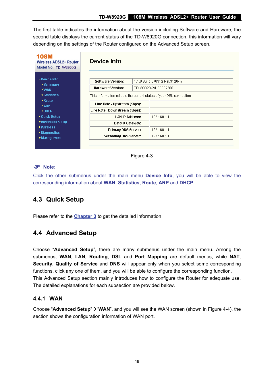 3 quick setup, 4 advanced setup, 1 wan | Quick setup, Advanced setup | TP-Link TD-W8920G User Manual | Page 26 / 85