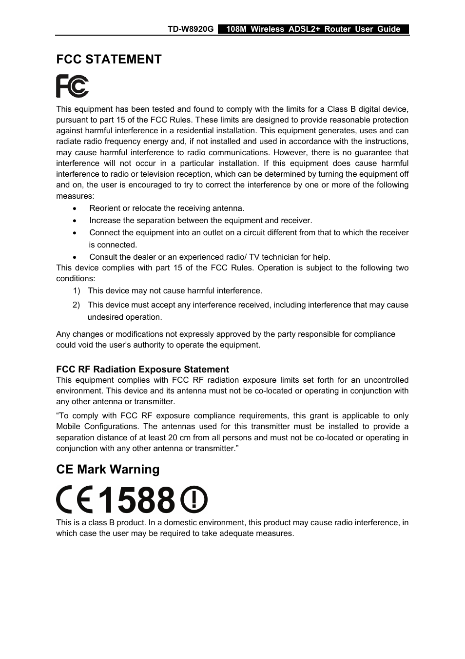 Fcc statement, Ce mark warning | TP-Link TD-W8920G User Manual | Page 3 / 85