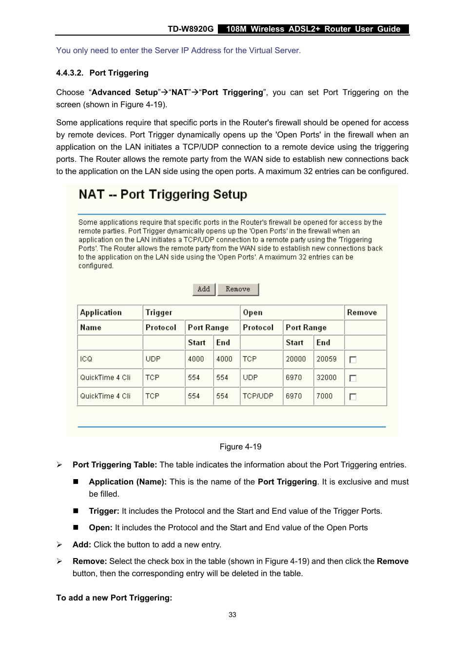 Port triggering | TP-Link TD-W8920G User Manual | Page 40 / 85