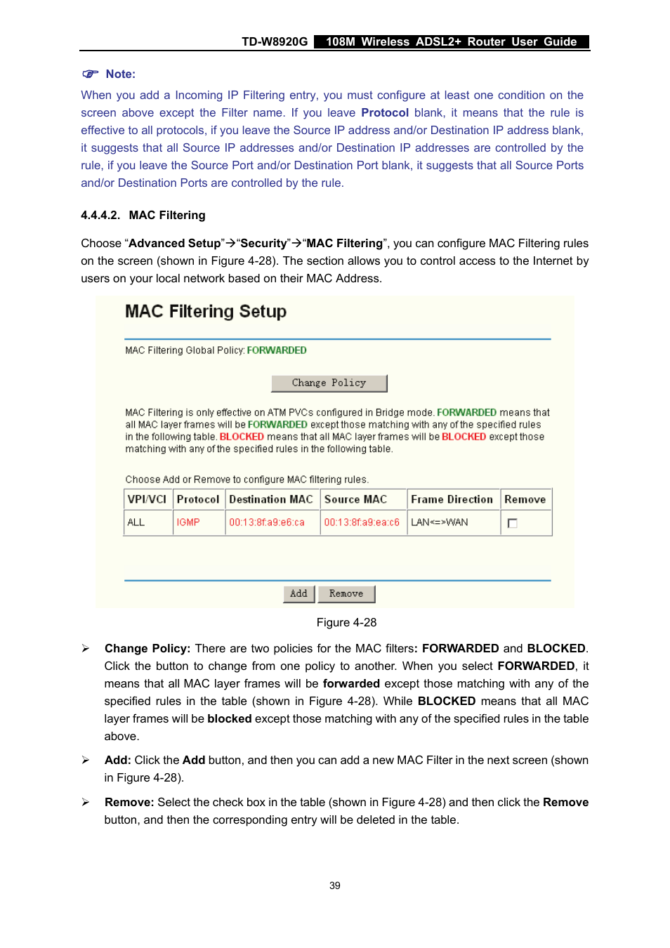 Mac filtering | TP-Link TD-W8920G User Manual | Page 46 / 85