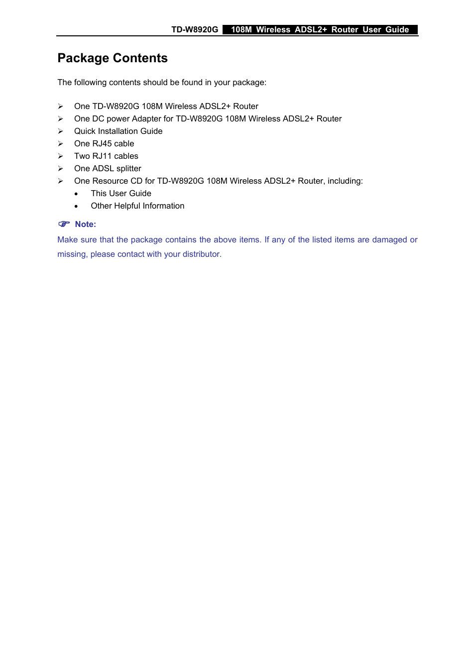 Package contents | TP-Link TD-W8920G User Manual | Page 5 / 85