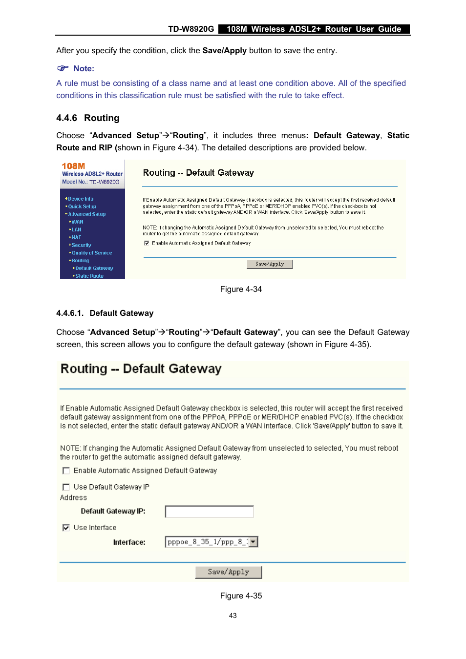 6 routing, Default gateway, Routing | TP-Link TD-W8920G User Manual | Page 50 / 85