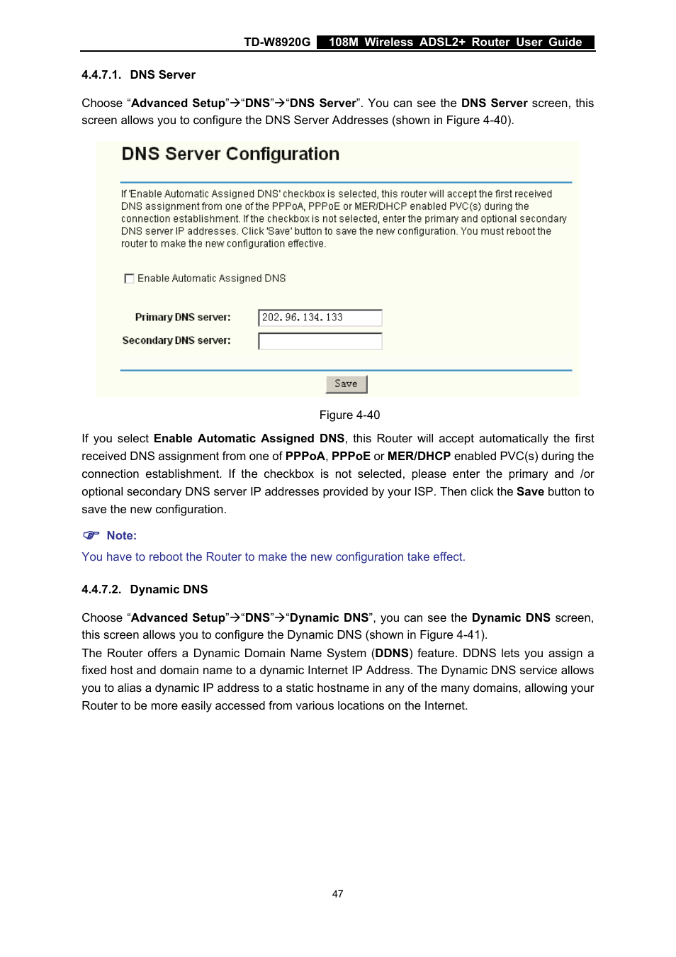 Dns server, Dynamic dns | TP-Link TD-W8920G User Manual | Page 54 / 85