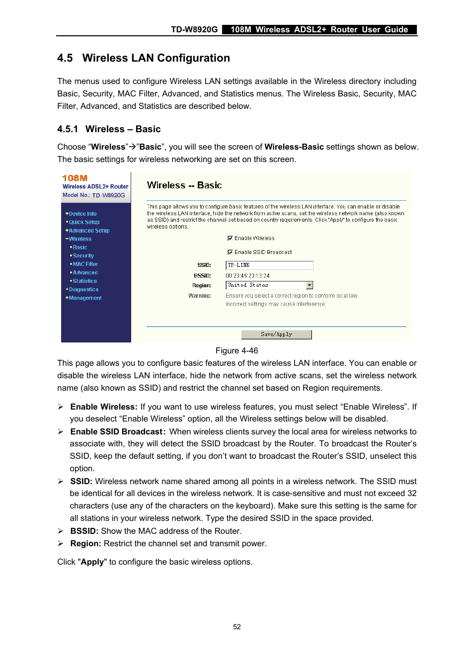 1 wireless – basic, Wireless lan configuration, Wireless – basic | 5 wireless lan configuration | TP-Link TD-W8920G User Manual | Page 59 / 85