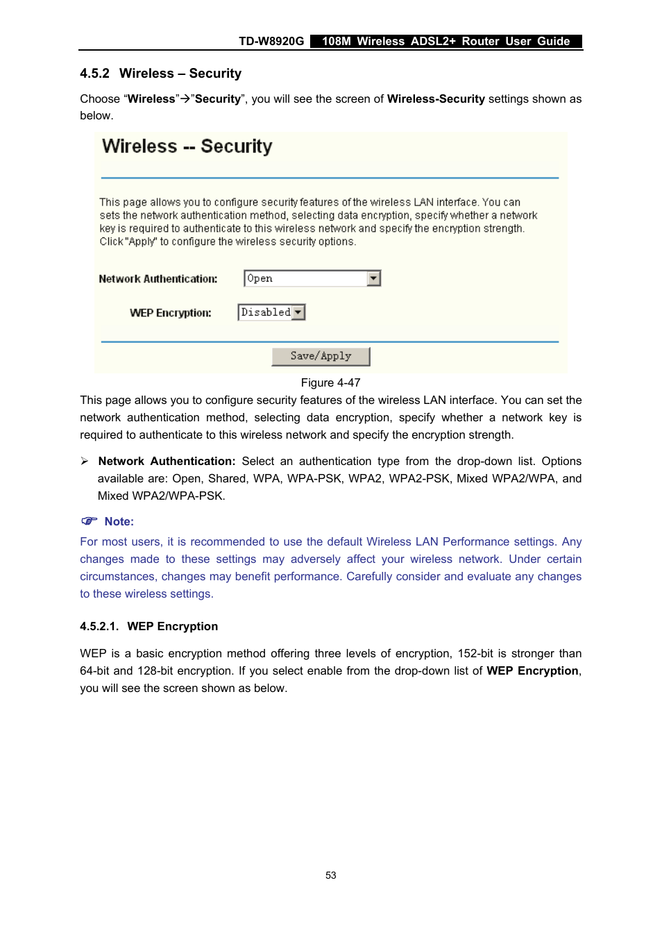2 wireless – security, Wep encryption, Wireless – security | TP-Link TD-W8920G User Manual | Page 60 / 85