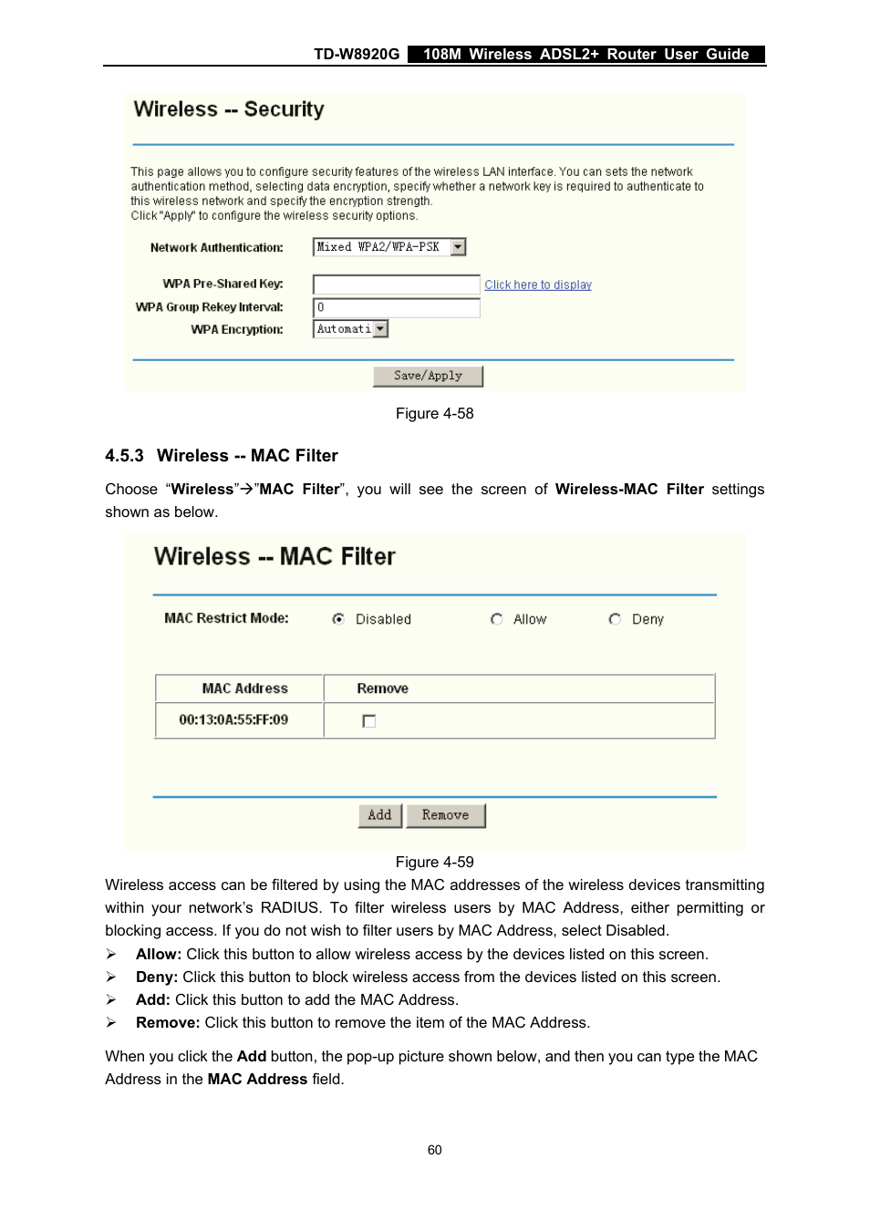 3 wireless -- mac filter, Wireless -- mac filter | TP-Link TD-W8920G User Manual | Page 67 / 85