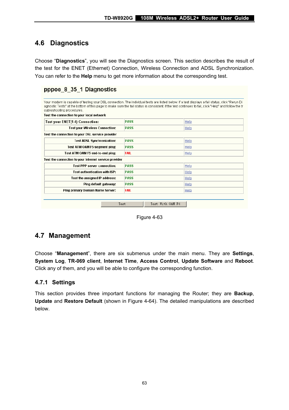 6 diagnostics, 7 management, 1 settings | Diagnostics, Management, Settings | TP-Link TD-W8920G User Manual | Page 70 / 85