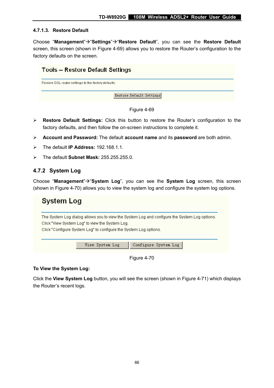 Restore default, 2 system log, System log | TP-Link TD-W8920G User Manual | Page 73 / 85
