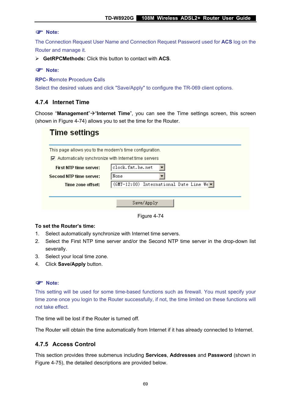 4 internet time, 5 access control, Internet time | Access control | TP-Link TD-W8920G User Manual | Page 76 / 85
