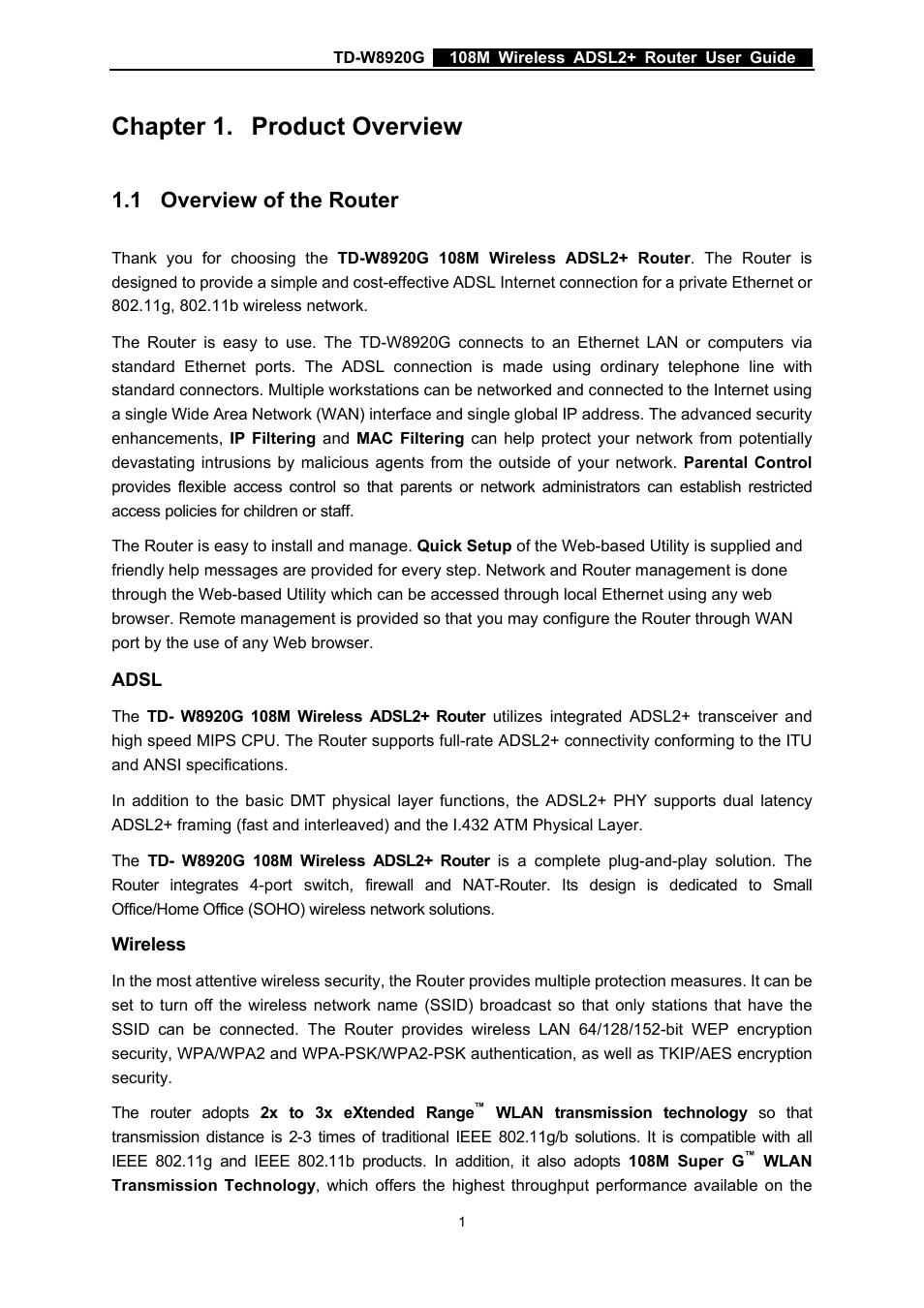 Chapter 1. product overview, 1 overview of the router, Chapter 1 | Product overview, Overview of the router | TP-Link TD-W8920G User Manual | Page 8 / 85