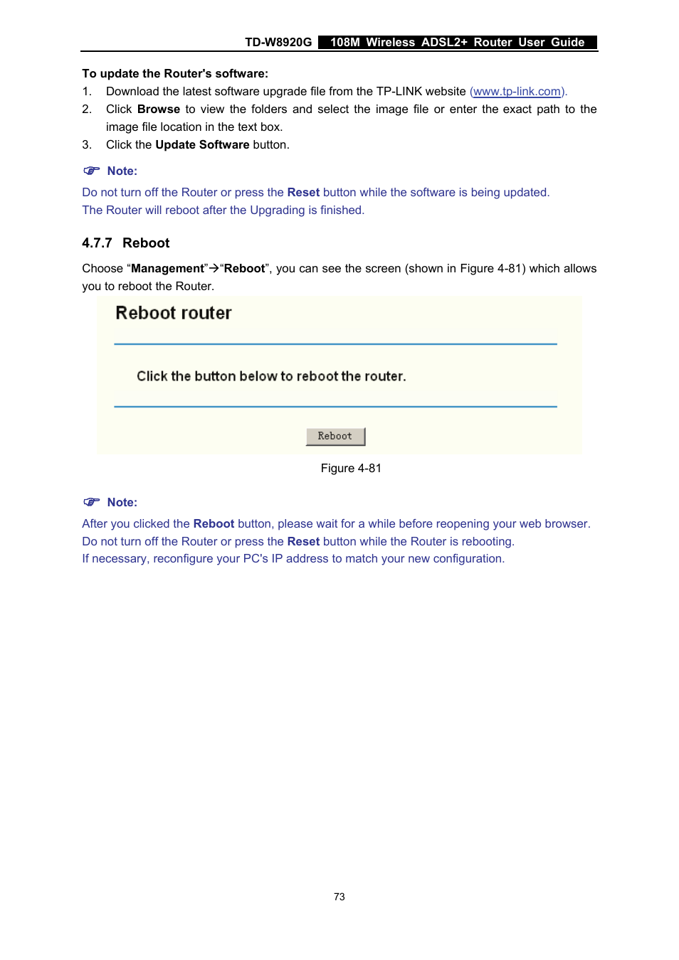 7 reboot, Reboot | TP-Link TD-W8920G User Manual | Page 80 / 85