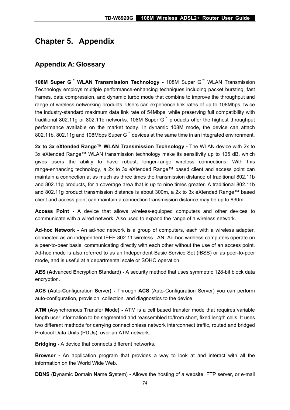 Chapter 5. appendix, Appendix a: glossary, Chapter 5 | Appendix, Appendix a, Glossary | TP-Link TD-W8920G User Manual | Page 81 / 85