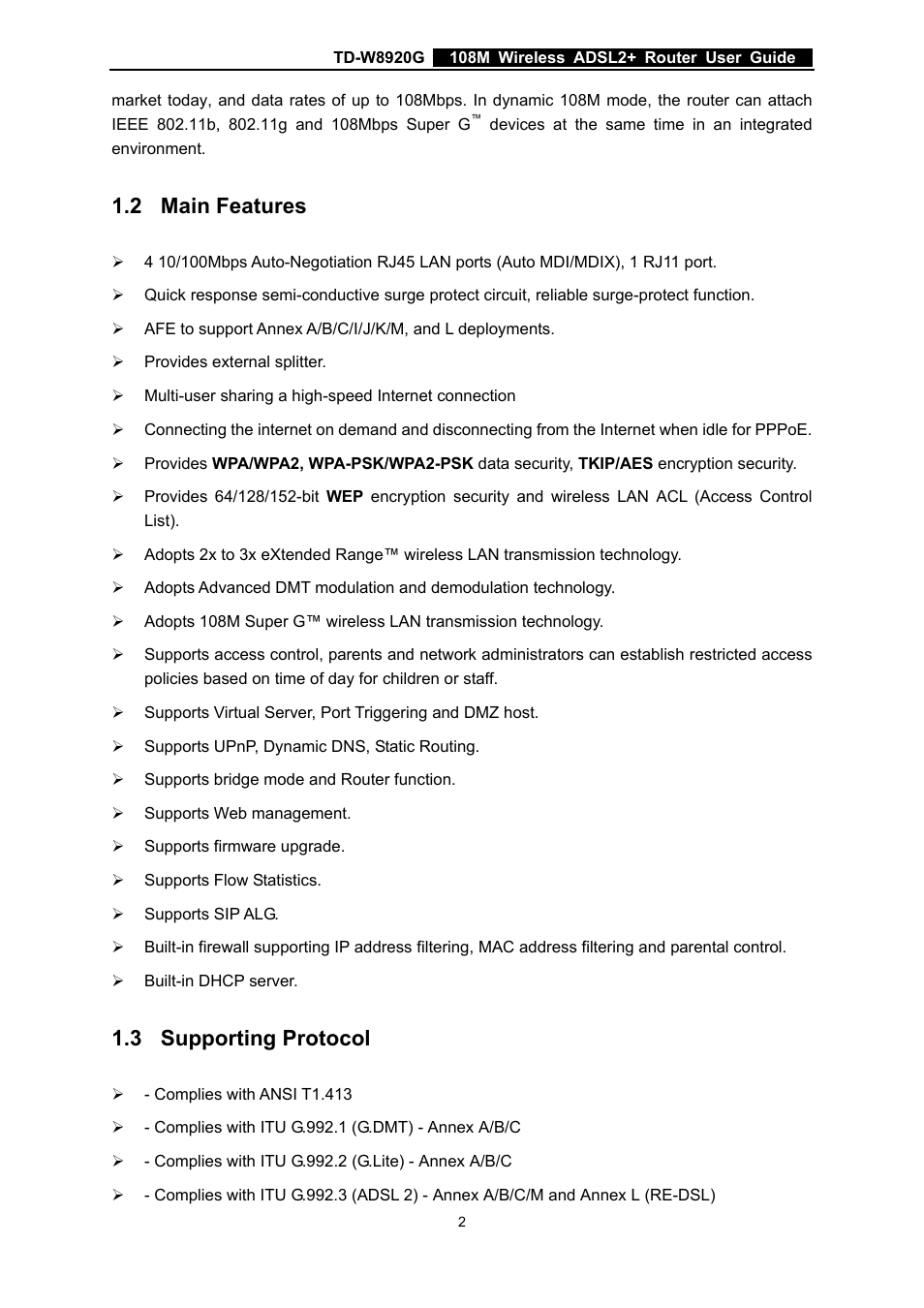 2 main features, 3 supporting protocol, Main features | Supporting protocol | TP-Link TD-W8920G User Manual | Page 9 / 85
