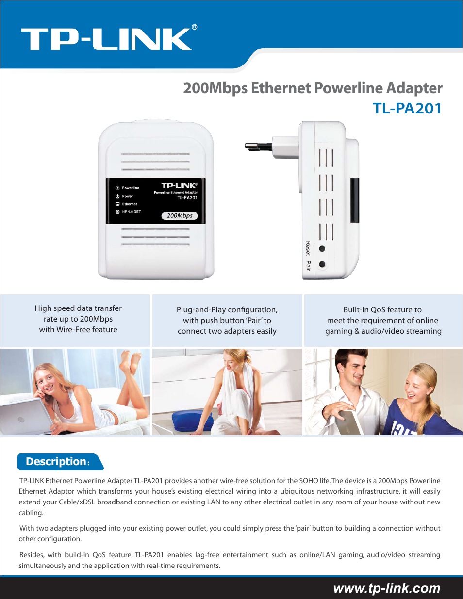 TP-Link 200Mbps Ethernet Powerline Adapter TL-PA201 User Manual | 2 pages