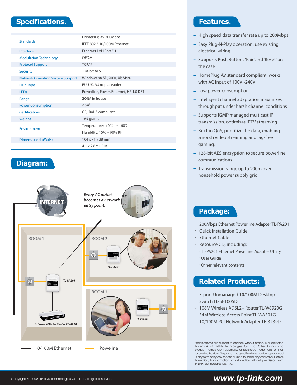 Tl-pa201-2, Features ： specifications, Package: related products | Diagram | TP-Link 200Mbps Ethernet Powerline Adapter TL-PA201 User Manual | Page 2 / 2