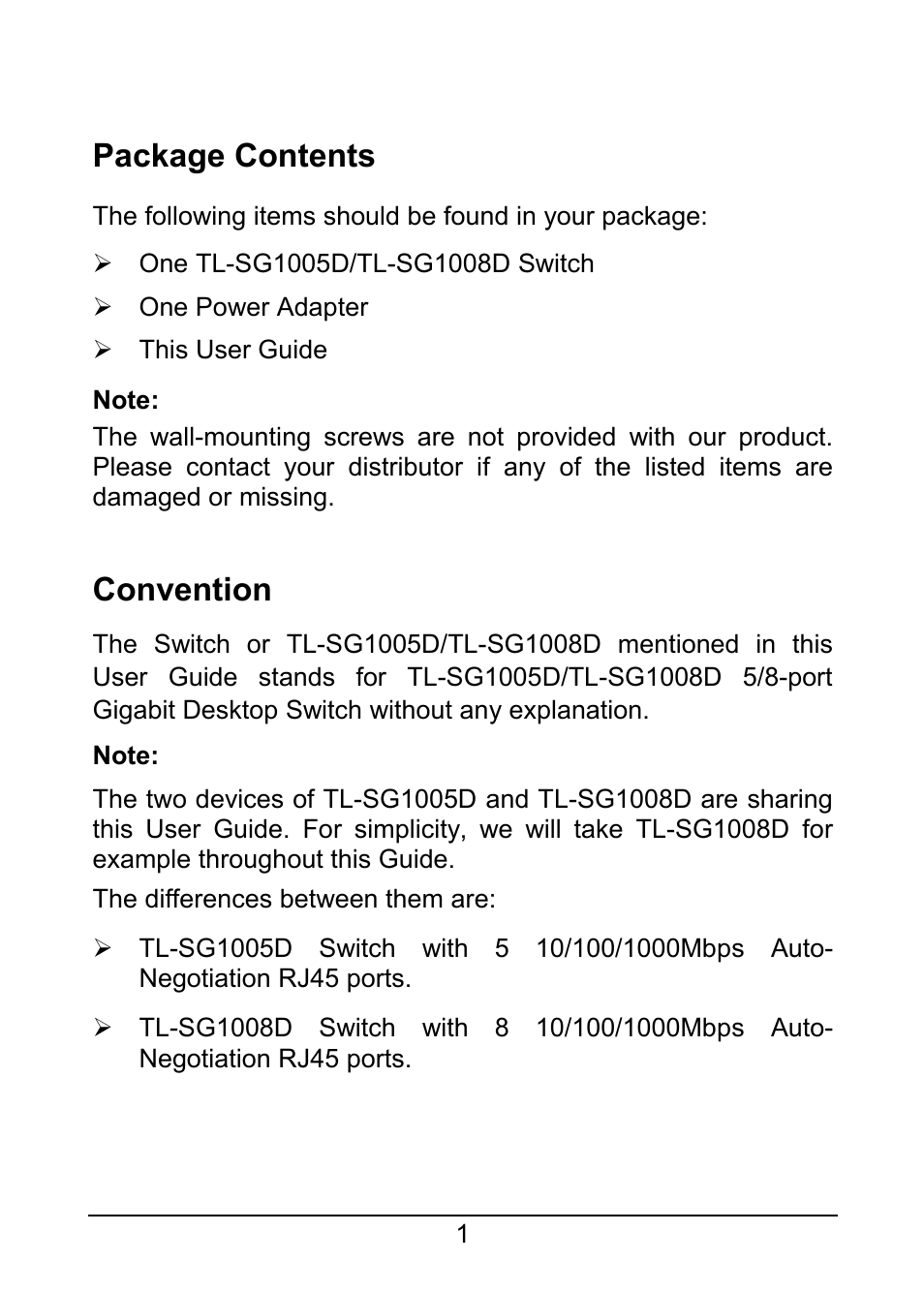 Package contents, Convention | TP-Link TL-SG1008D User Manual | Page 5 / 12