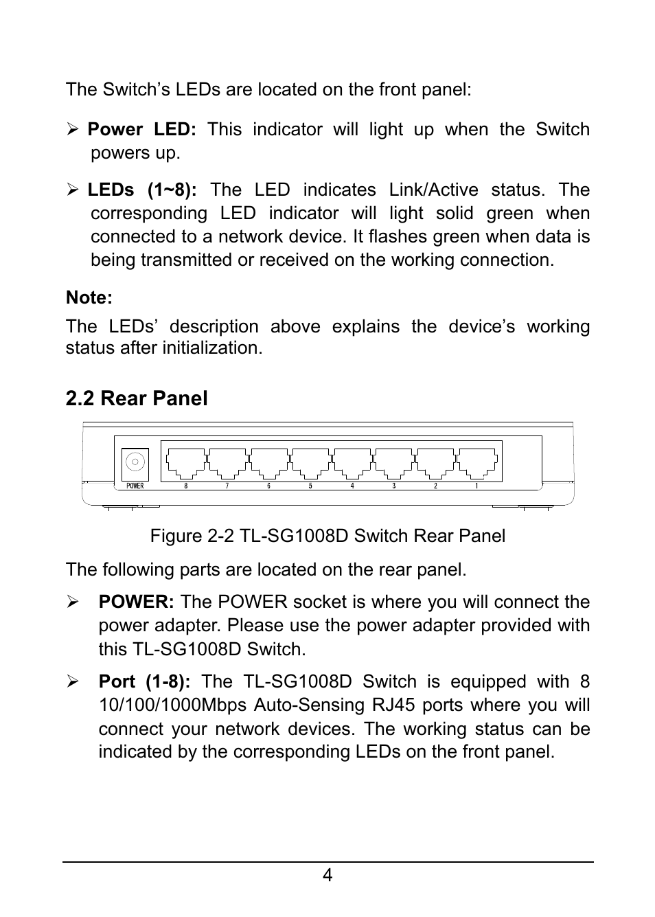 2 rear panel | TP-Link TL-SG1008D User Manual | Page 8 / 12