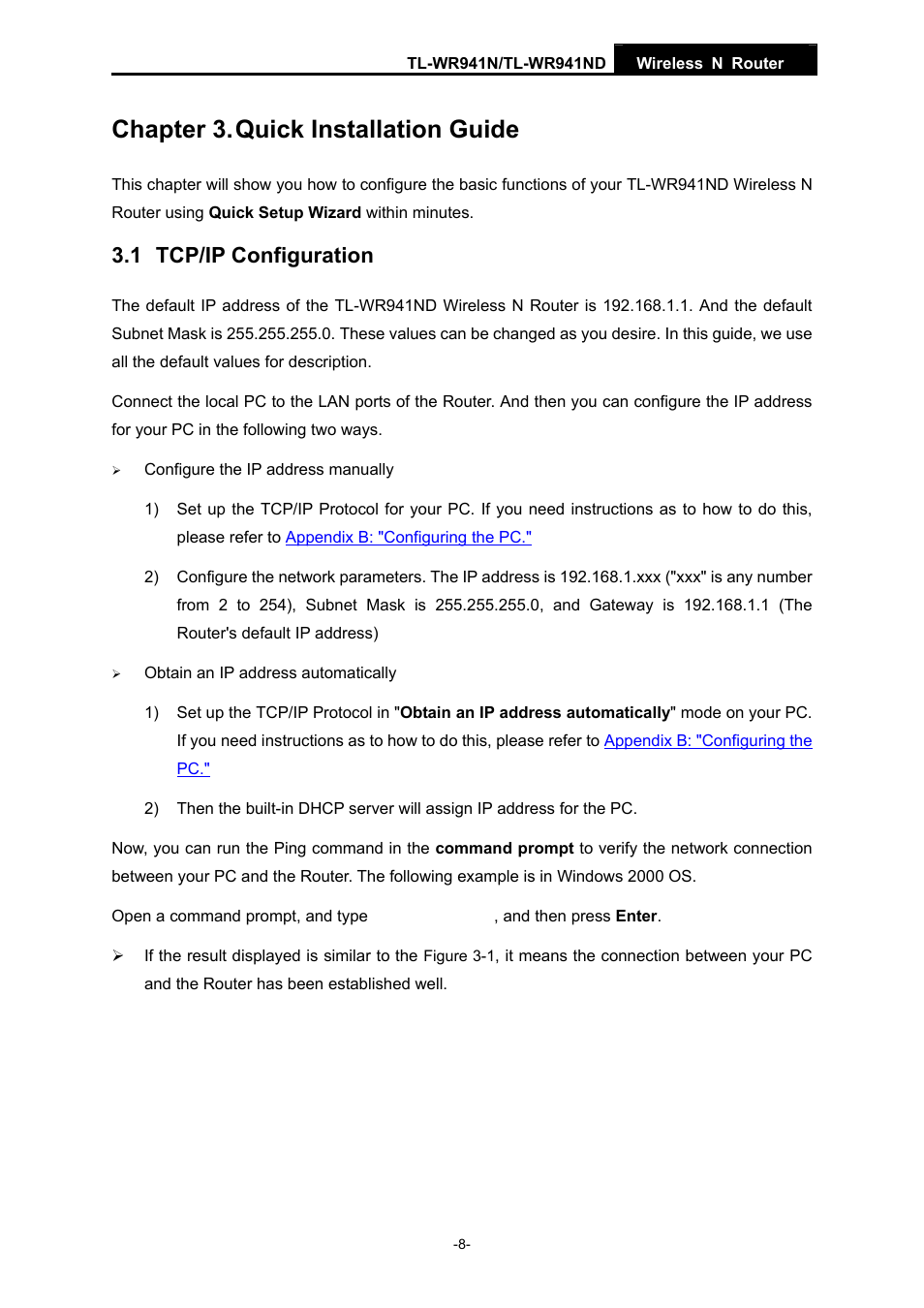 Chapter 3. quick installation guide, 1 tcp/ip configuration | TP-Link TL-WR941ND User Manual | Page 15 / 106